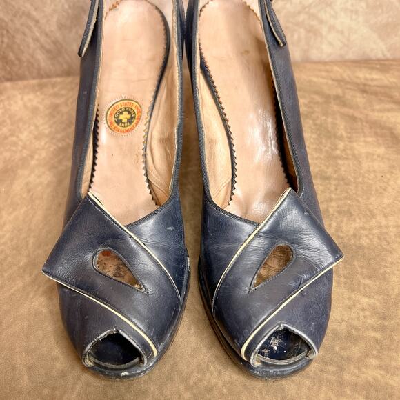 Vintage 40s Gold Cross Shoe Pumps Blue Heels Decorative Wrap Blue Open Toe Retro - Picture 11 of 13